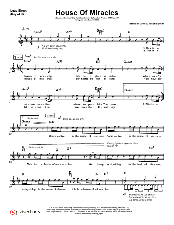 House Of Miracles Lead Sheet (Melody) (Brandon Lake)
