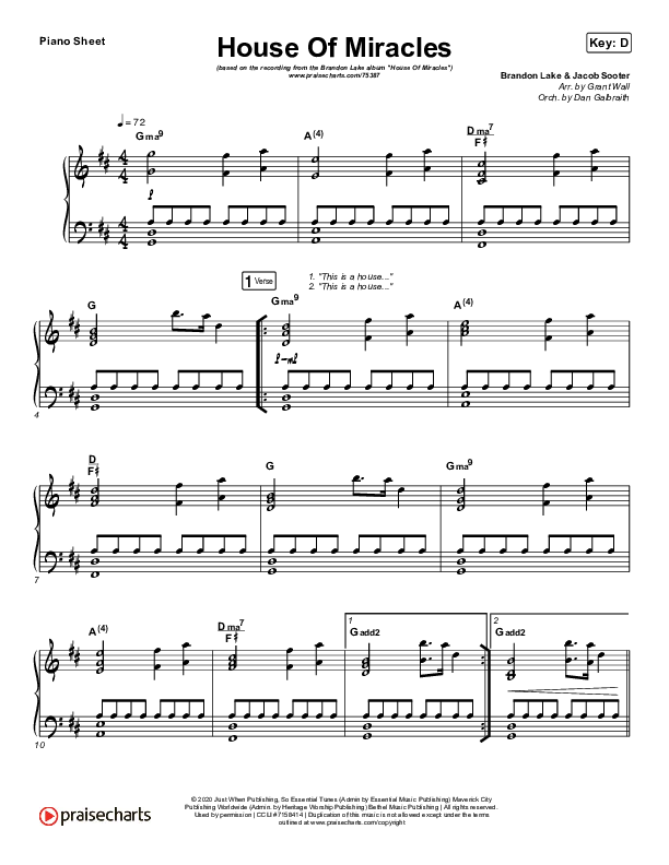 House Of Miracles Piano Sheet (Brandon Lake)