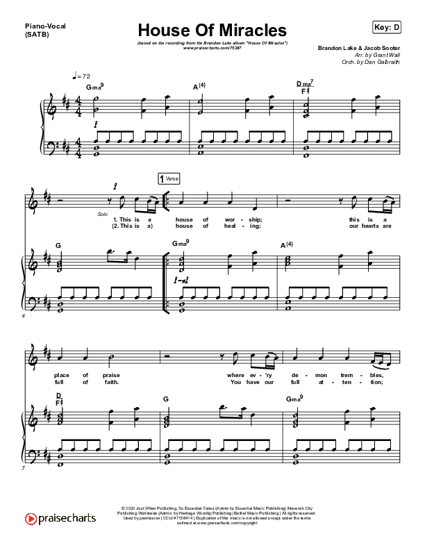 House Of Miracles Piano/Vocal (SATB) (Brandon Lake)