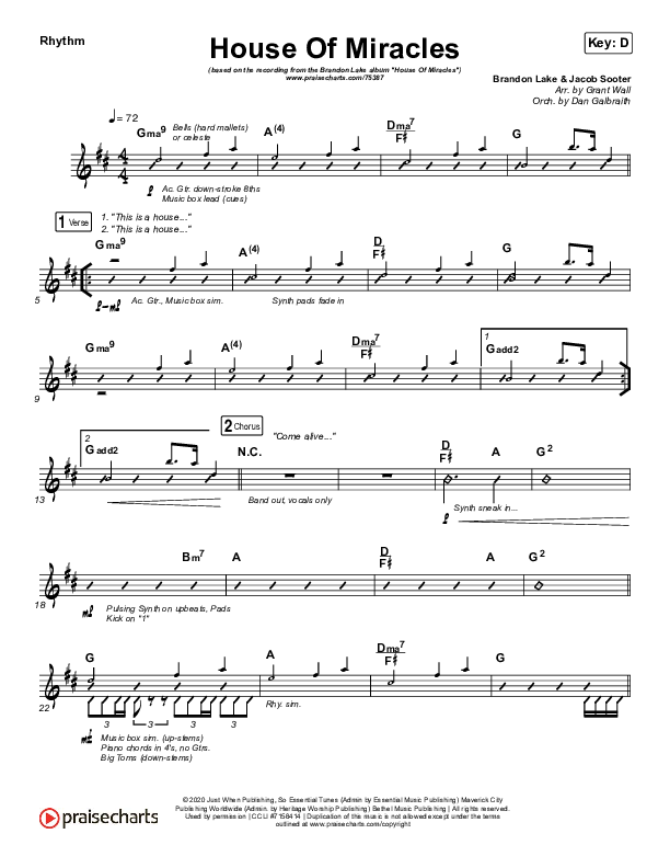 House Of Miracles Rhythm Chart (Brandon Lake)