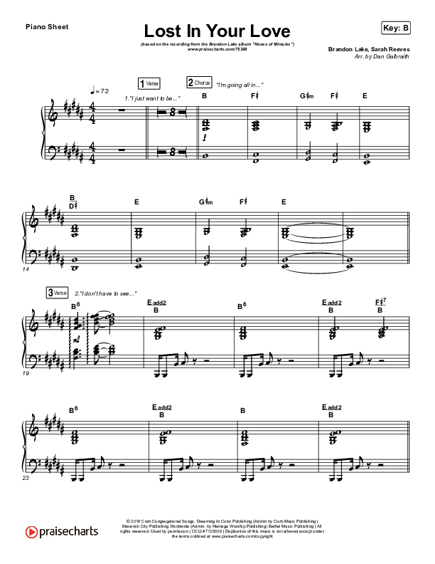 Lost In Your Love Piano Sheet (Brandon Lake / Sarah Reeves)