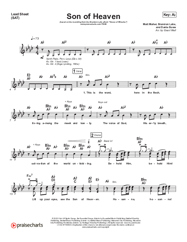 Son Of Heaven Lead Sheet (SAT) (Brandon Lake)