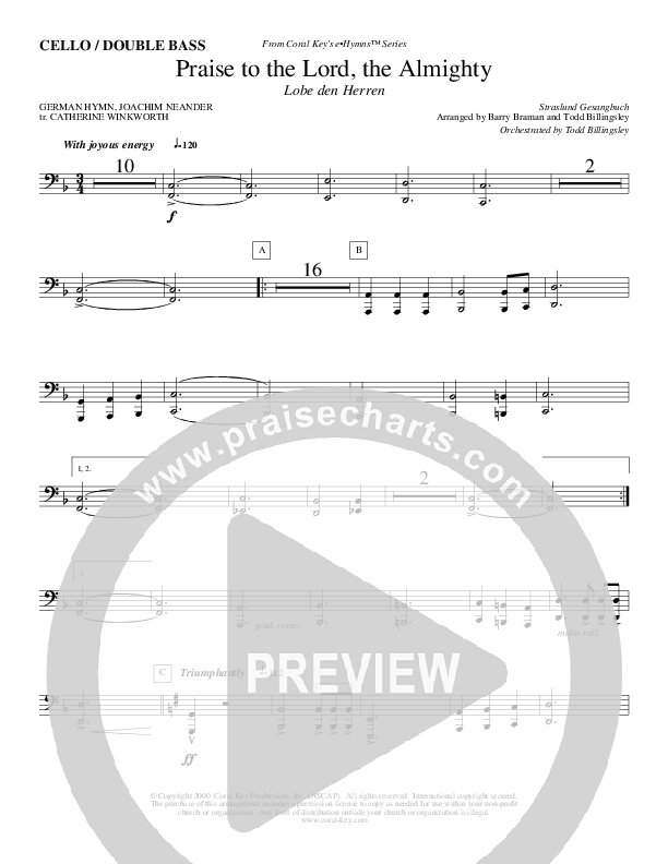 Praise To The Lord The Almighty Cello/Bass (Todd Billingsley)