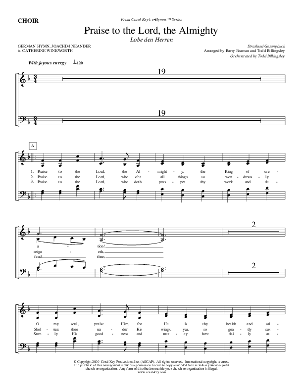 Praise To The Lord The Almighty Choir Sheet (Todd Billingsley)