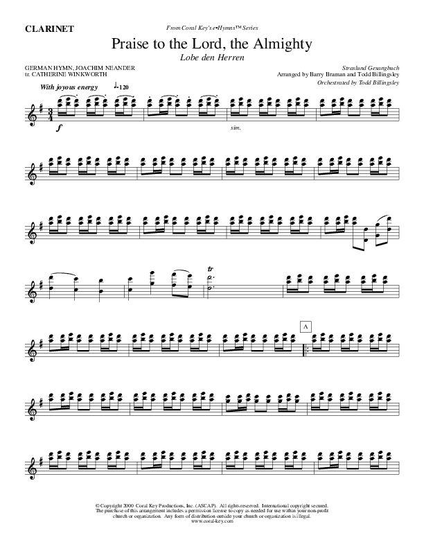 Praise To The Lord The Almighty Clarinet (Todd Billingsley)