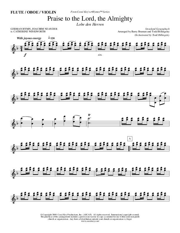 Praise To The Lord The Almighty Flute/Oboe (Todd Billingsley)