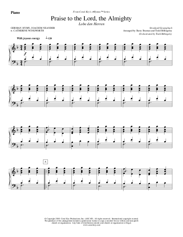 Praise To The Lord The Almighty Piano Sheet (Todd Billingsley)