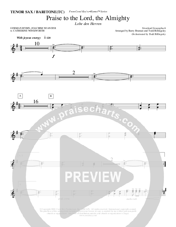 Praise To The Lord The Almighty Tenor Sax/Baritone T.C. (Todd Billingsley)