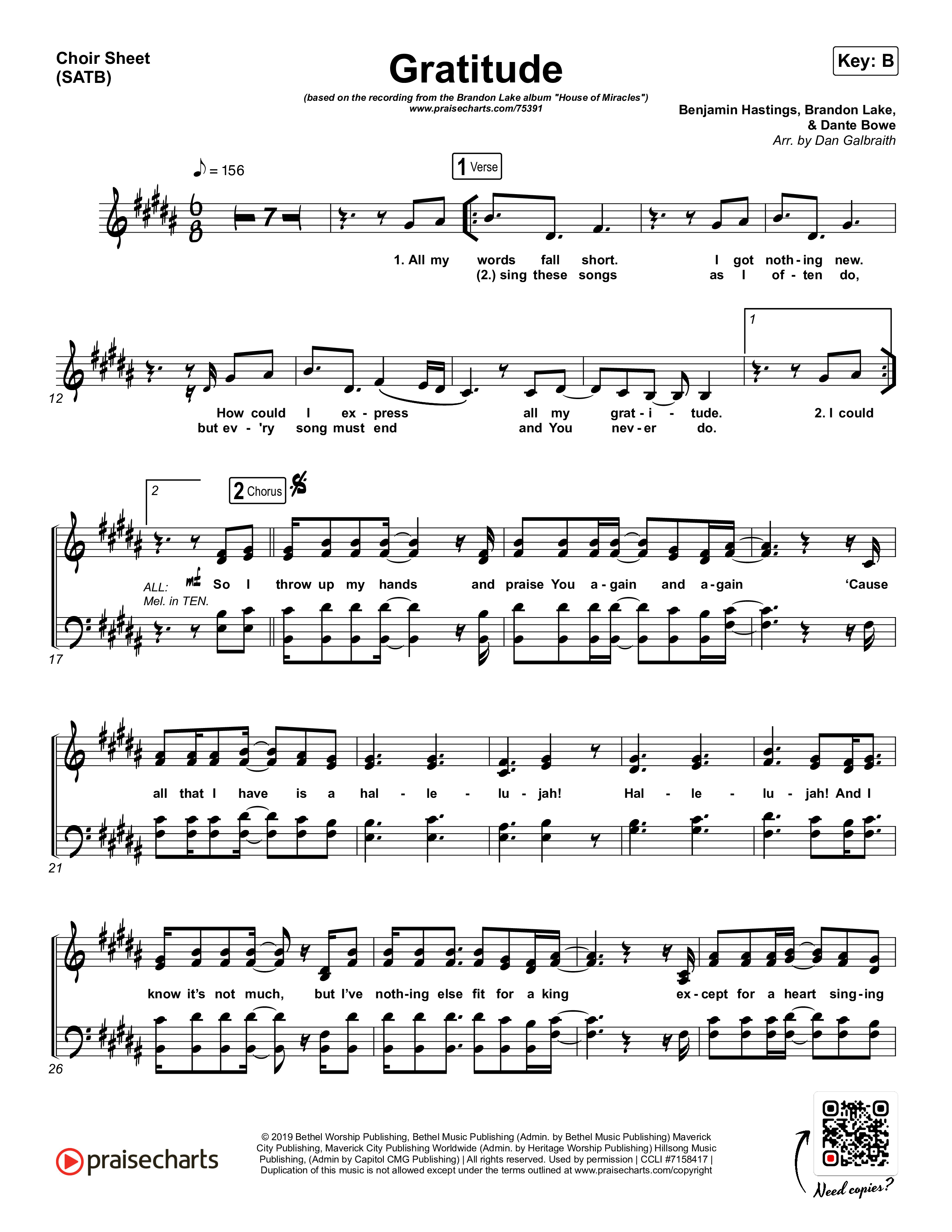 Gratitude Choir Sheet (SATB) (Brandon Lake)