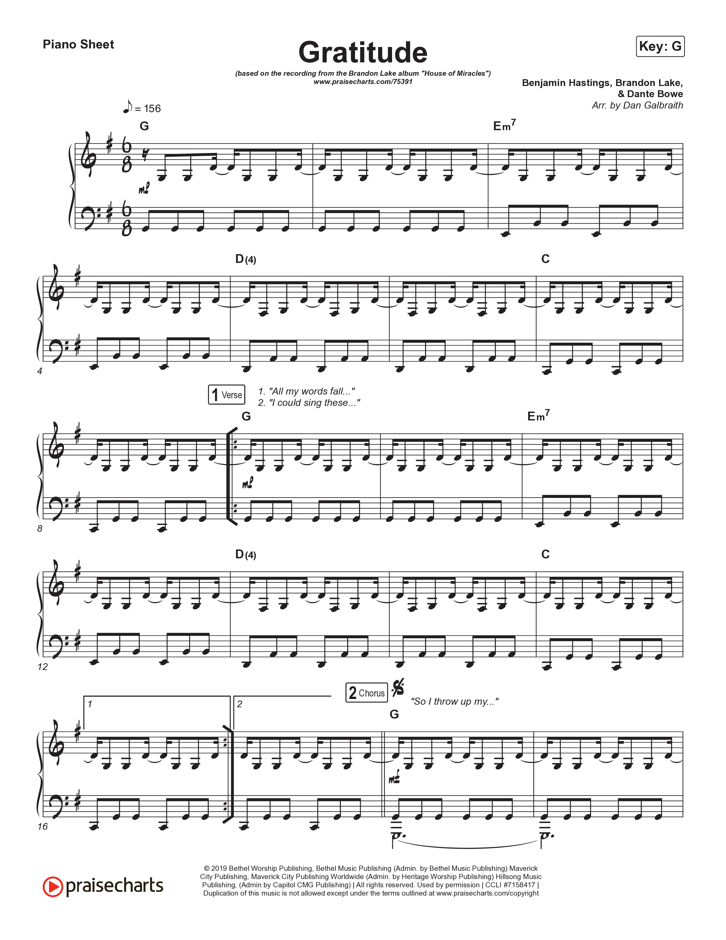 Gratitude Piano Sheet (Brandon Lake)