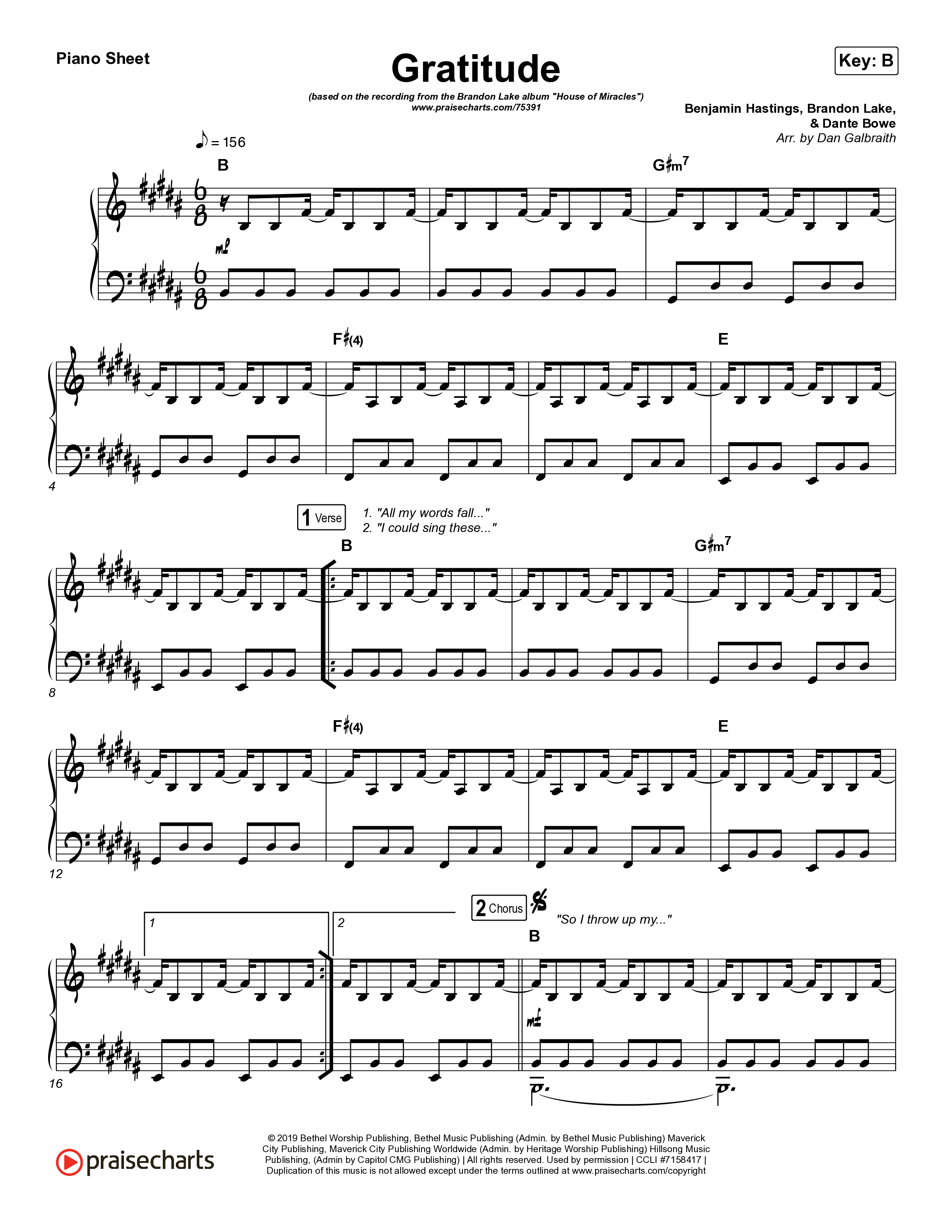 Gratitude Piano Sheet (Brandon Lake)