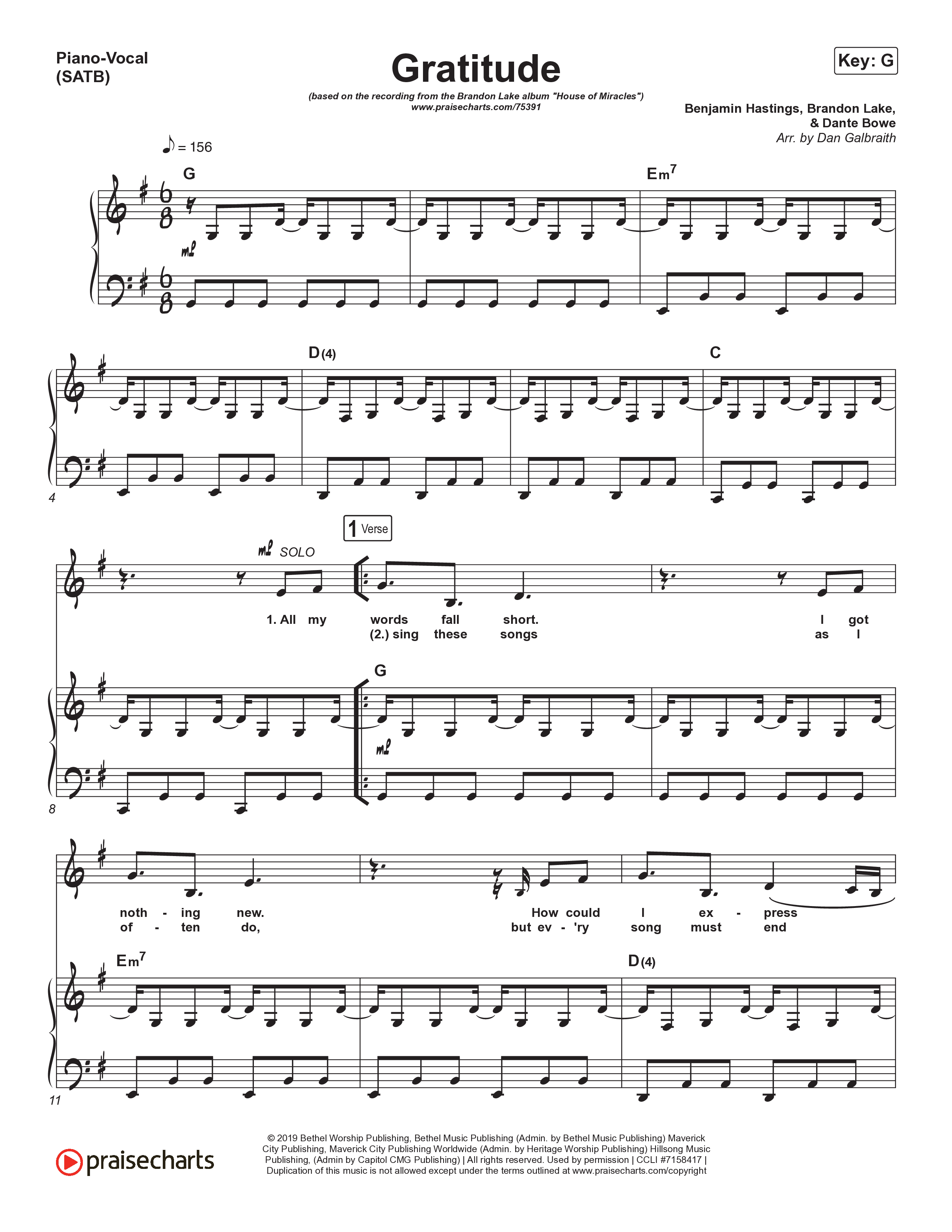 Gratitude Piano/Vocal (SATB) (Brandon Lake)