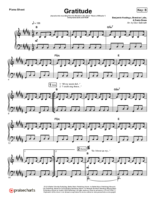 Gratitude Piano Sheet (Brandon Lake)