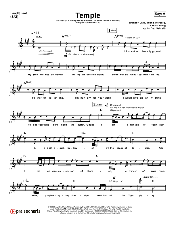 Temple Lead Sheet (SAT) (Brandon Lake)