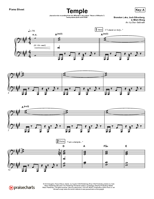 Temple Piano Sheet (Brandon Lake)
