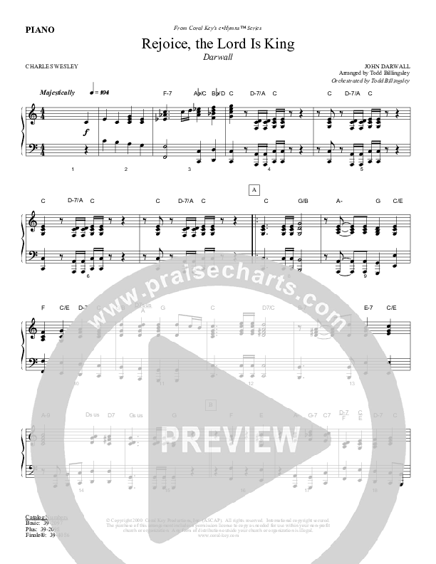 Rejoice The Lord Is King Piano Sheet (Todd Billingsley)