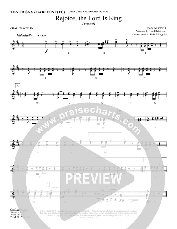 Rejoice The Lord Is King Tenor Sax/Baritone T.C. (Todd Billingsley)
