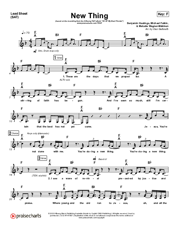 New Thing (Live) Lead Sheet (SAT) (Hillsong Young & Free)