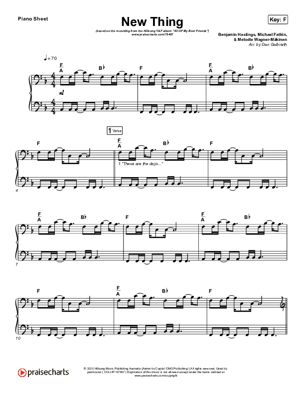 New Thing (Live) Piano Sheet (Hillsong Young & Free)