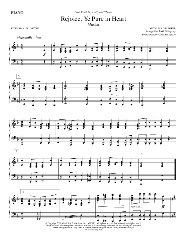 Rejoice Ye Pure In Heart Piano Sheet (Todd Billingsley)
