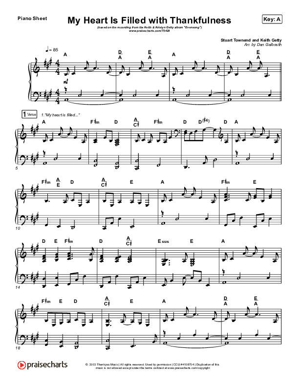 My Heart Is Filled With Thankfulness Piano Sheet (Keith & Kristyn Getty)