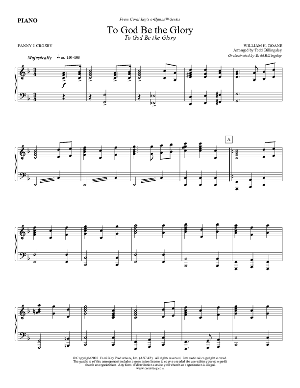 To God Be the Glory Piano Sheet (Todd Billingsley)