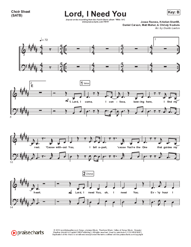 Lord I Need You Choir Sheet (SATB) (Austin Stone Worship)