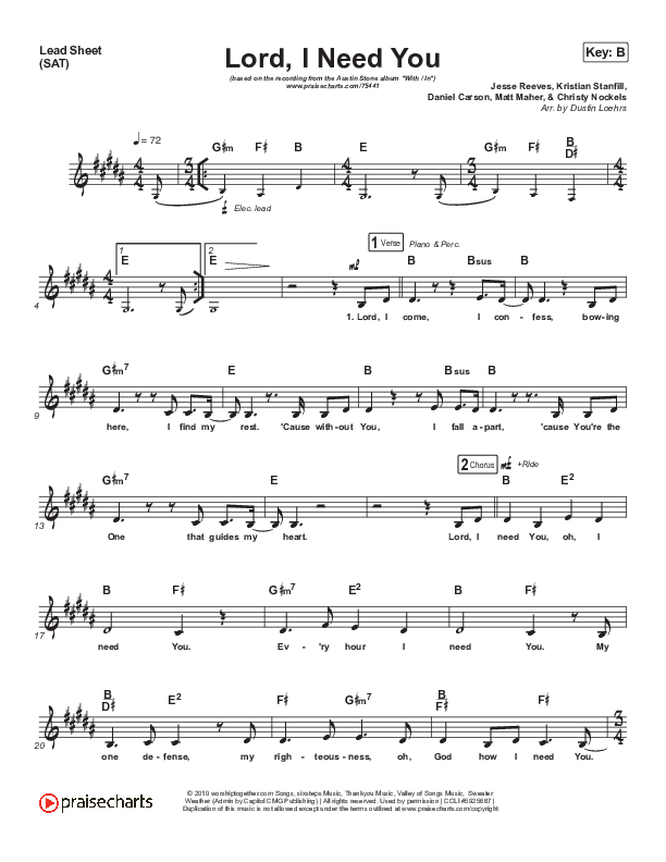 Lord I Need You Lead Sheet (SAT) (Austin Stone Worship)