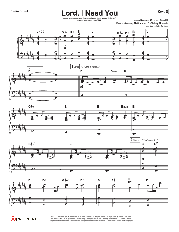 Lord I Need You Piano Sheet (Austin Stone Worship)