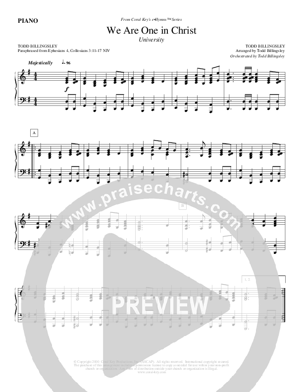 We Are One In Christ Piano Sheet (Todd Billingsley)