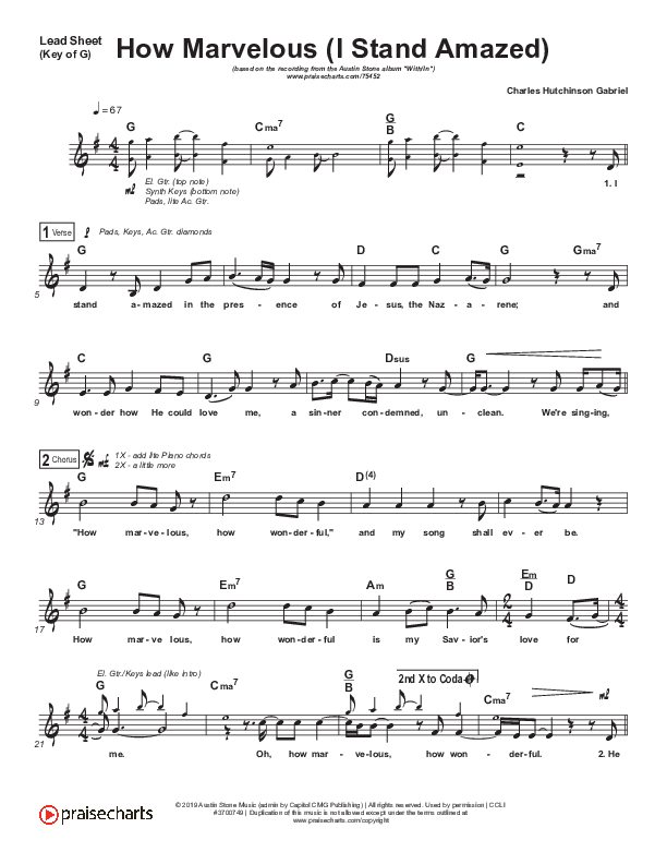 How Marvelous (I Stand Amazed) Lead Sheet (Melody) (Austin Stone Worship)