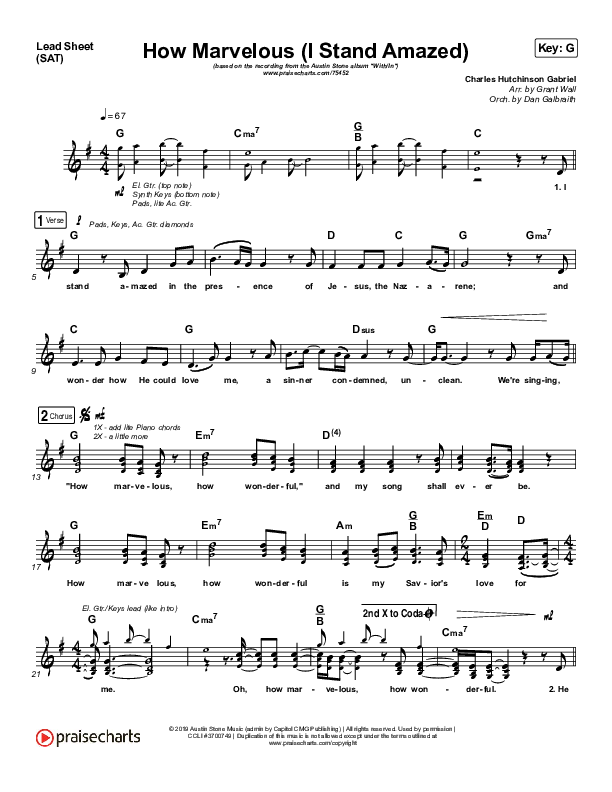 How Marvelous (I Stand Amazed) Lead Sheet (SAT) (Austin Stone Worship)