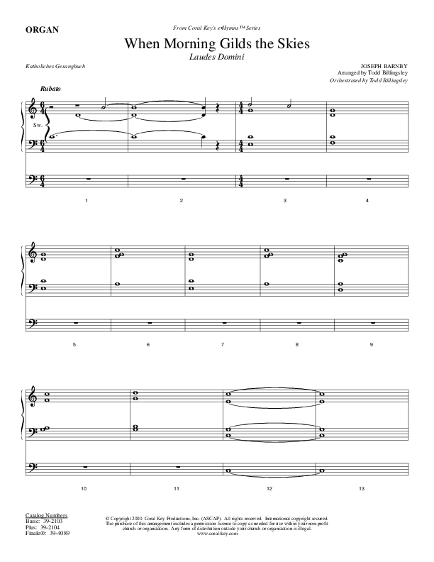 When Morning Gilds The Skies Organ (Todd Billingsley)