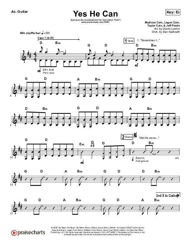 Yes He Can Acoustic Guitar Sheet Music Pdf Cain Praisecharts