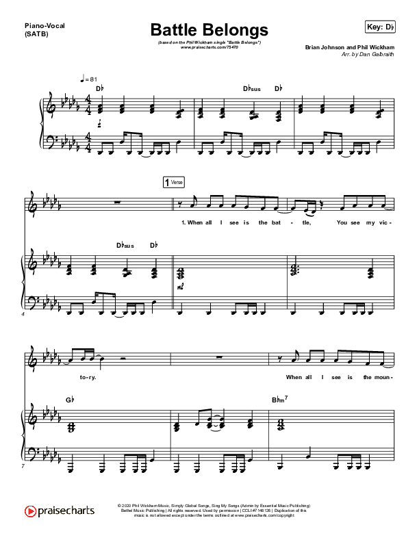 Battle Belongs Piano/Vocal (SATB) (Phil Wickham)