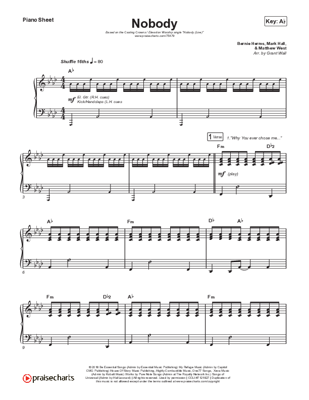 Nobody (Live) Piano Sheet (Print Only) (Casting Crowns / Elevation Worship)