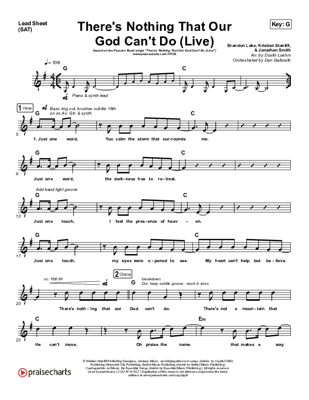 There's Nothing That Our God Can't Do (Choral Anthem SATB) Lead Sheet (SAT) (Passion / Kristian Stanfill / Arr. Luke Gambill)