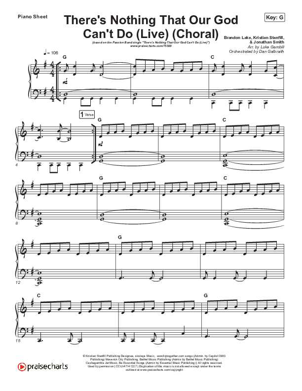 There's Nothing That Our God Can't Do (Choral Anthem SATB) Piano Sheet (Passion / Kristian Stanfill / Arr. Luke Gambill)