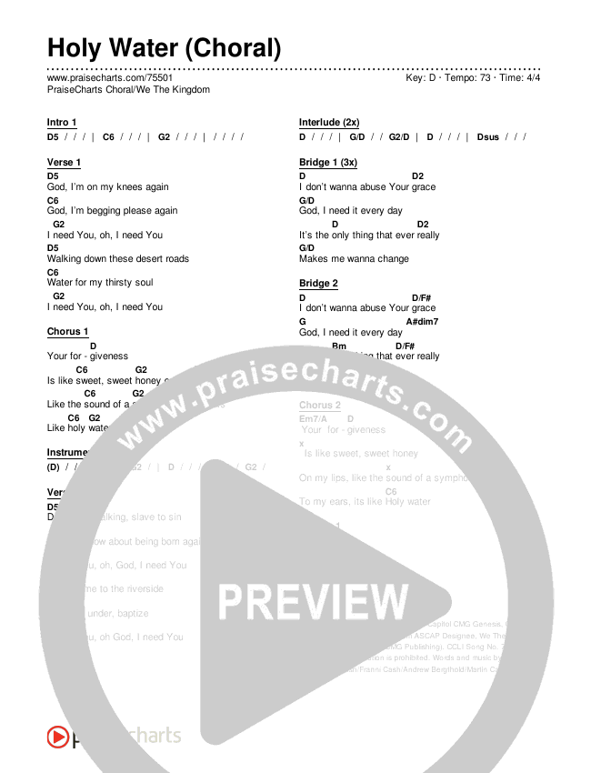 Holy Water (Choral Anthem SATB) Chords & Lyrics (We The Kingdom / Arr. Luke Gambill)
