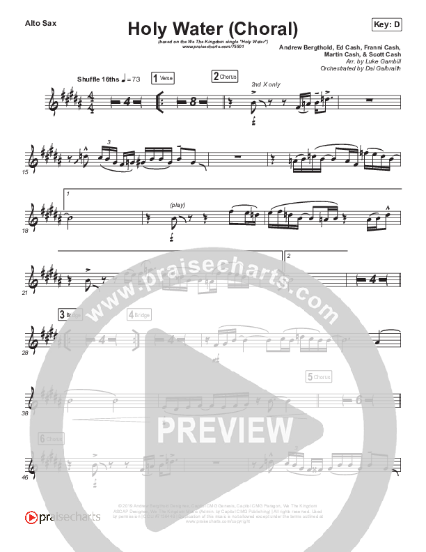 Holy Water (Choral Anthem SATB) Alto Sax (We The Kingdom / Arr. Luke Gambill)