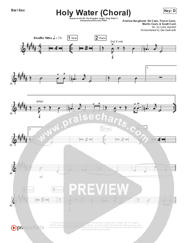 Holy Water (Choral Anthem SATB) Bari Sax (We The Kingdom / Arr. Luke Gambill)