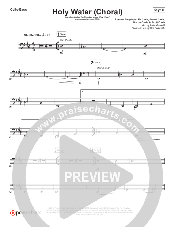 Holy Water (Choral Anthem SATB) Cello/Bass (We The Kingdom / Arr. Luke Gambill)