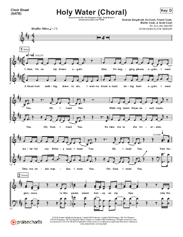 Holy Water (Choral Anthem SATB) Choir Sheet (SATB) (We The Kingdom / Arr. Luke Gambill)