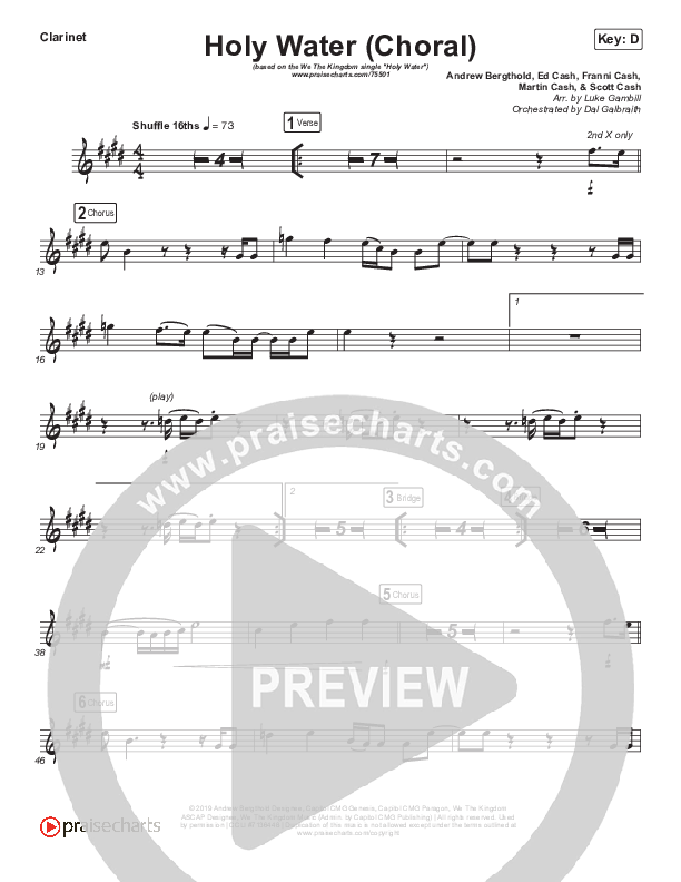 Holy Water (Choral Anthem SATB) Clarinet (We The Kingdom / Arr. Luke Gambill)