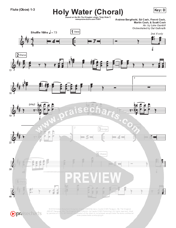 Holy Water (Choral Anthem SATB) Flute/Oboe 1/2/3 (We The Kingdom / Arr. Luke Gambill)