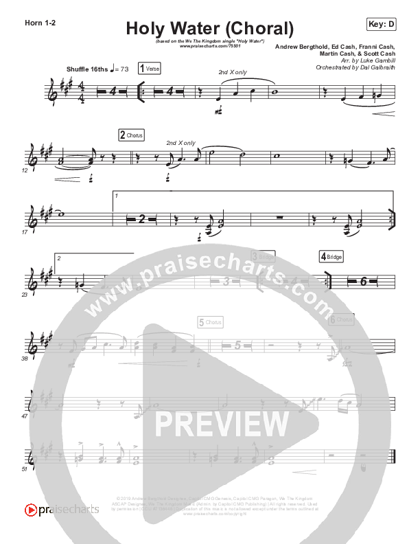 Holy Water (Choral Anthem SATB) French Horn 1/2 (We The Kingdom / Arr. Luke Gambill)