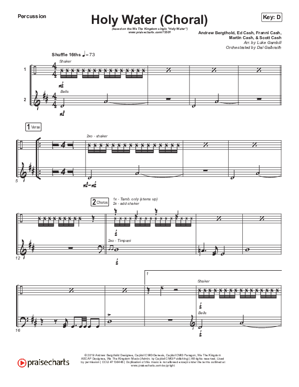 Holy Water (Choral Anthem SATB) Percussion (We The Kingdom / Arr. Luke Gambill)