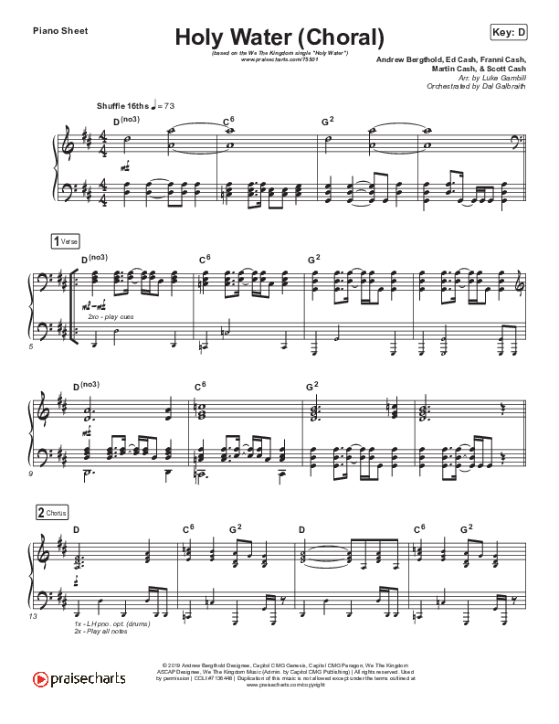 Holy Water (Choral Anthem SATB) Piano Sheet (We The Kingdom / Arr. Luke Gambill)