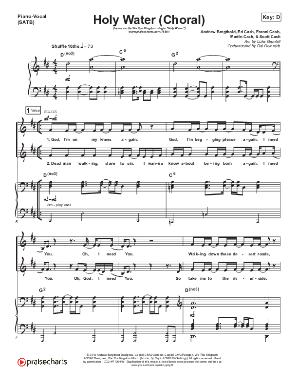 Holy Water (Choral Anthem SATB) Piano/Vocal (SATB) (We The Kingdom / Arr. Luke Gambill)