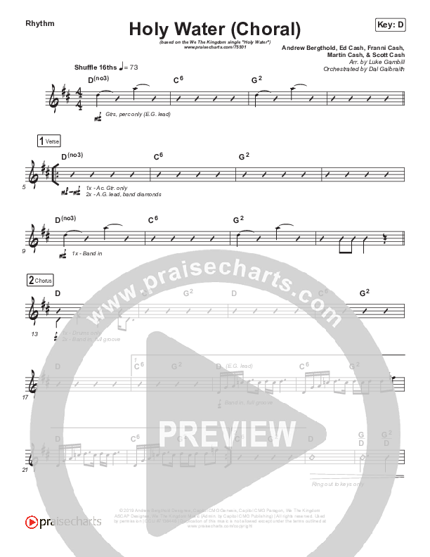 Holy Water (Choral Anthem SATB) Rhythm Chart (We The Kingdom / Arr. Luke Gambill)